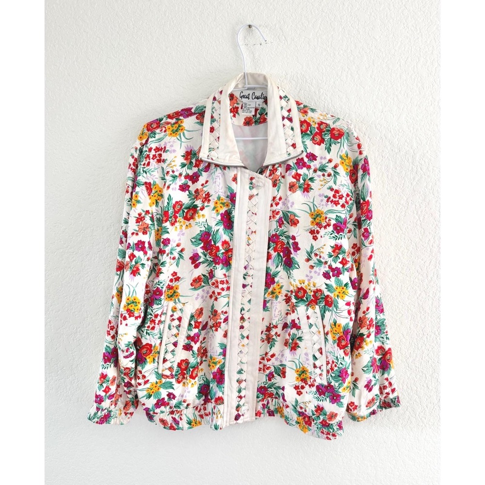 Vintage Silk Bomber Jacket Floral Cream Red Vintage Womens Small